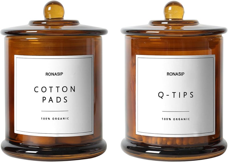 Ronasip Qtip Holder & Cotton Pad Dispenser, Bathroom Organizer and Storage Canisters, 16oz Glass Apothecary Jars for Kitchen, Restroom - Home Decor Accessories, Room Decor Aesthetic (2 Pack, Amber) - Image 1
